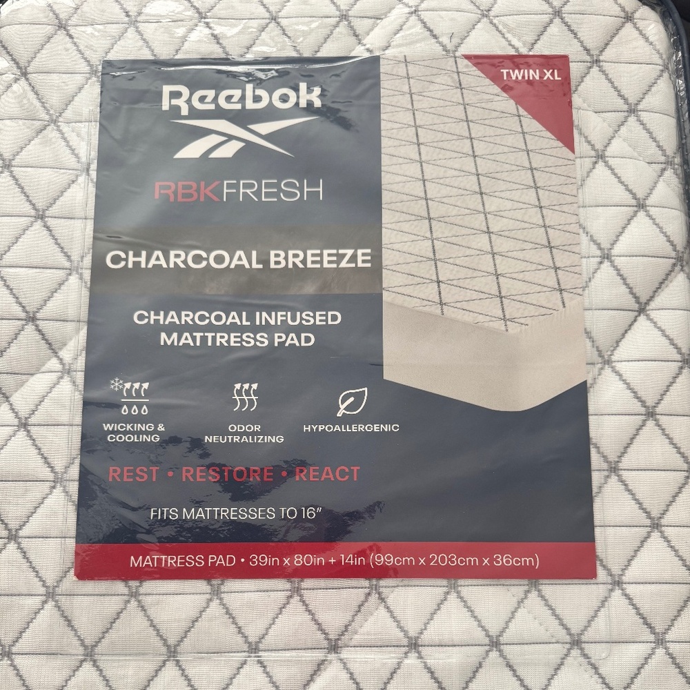 Reebok RBK Fresh Twin XL Charcoal Mattress Pad New